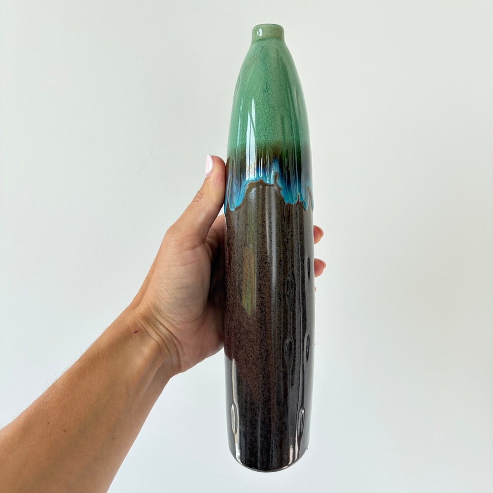 Hostess Potteries Drip Glaze Ceramic Bud Vase Set 2 Green Brown Blue 10.5" 2005 - Picture 9 of 9